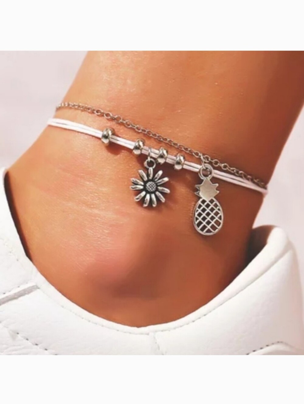 Silver Daisy & Pineapple Double-Layer Anklet with‎ White Cord